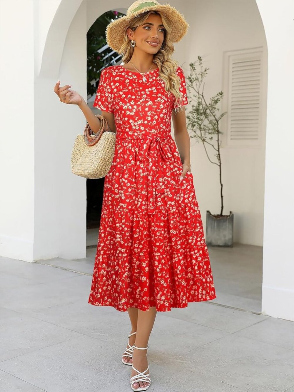 Women's Red Floral Tiered Short Sleeve Belted Pocket Ruffle Midi Maxi Dress - Picture 3 of 6